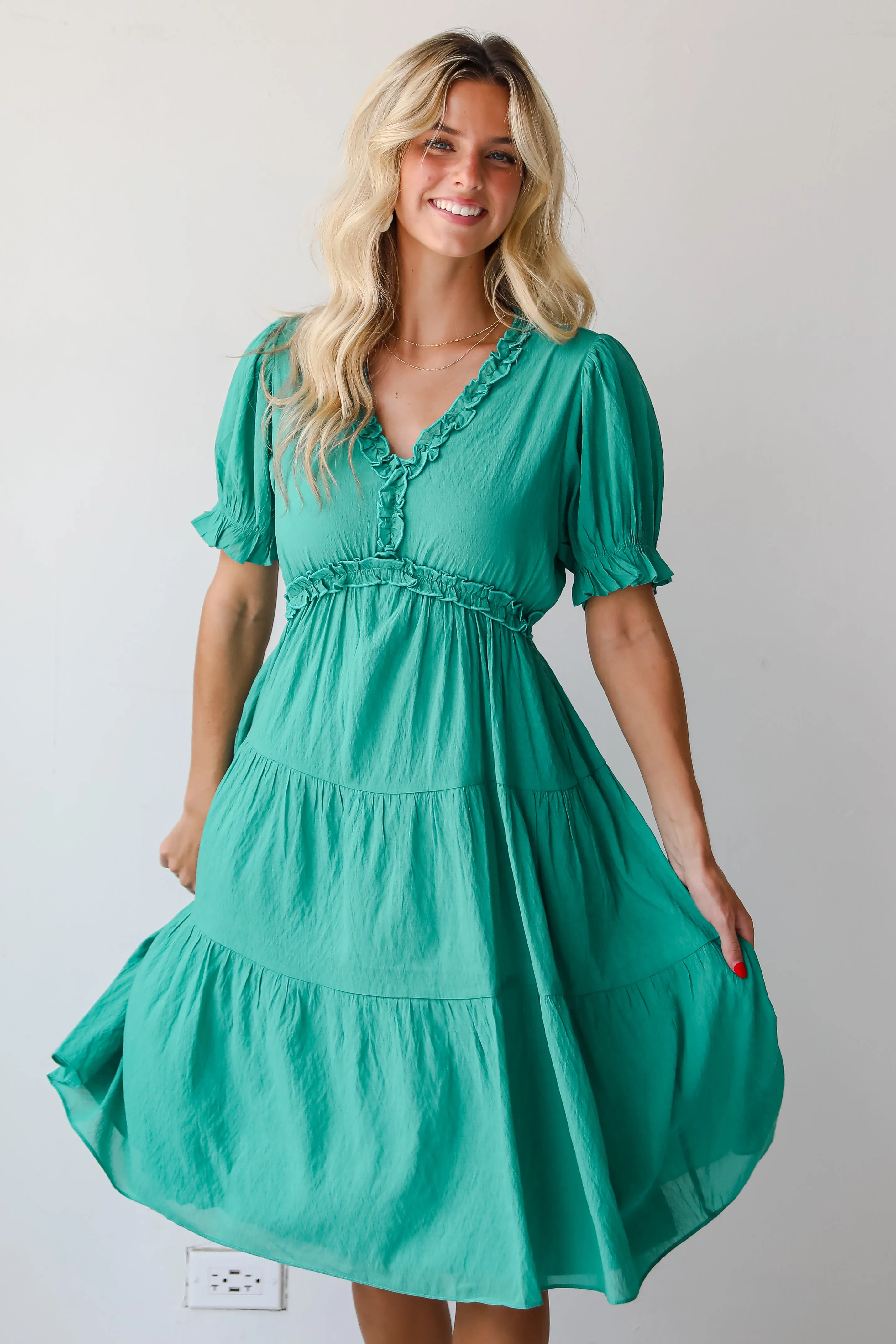 FINAL SALE - Exquisite Potential Green Tiered Midi Dress