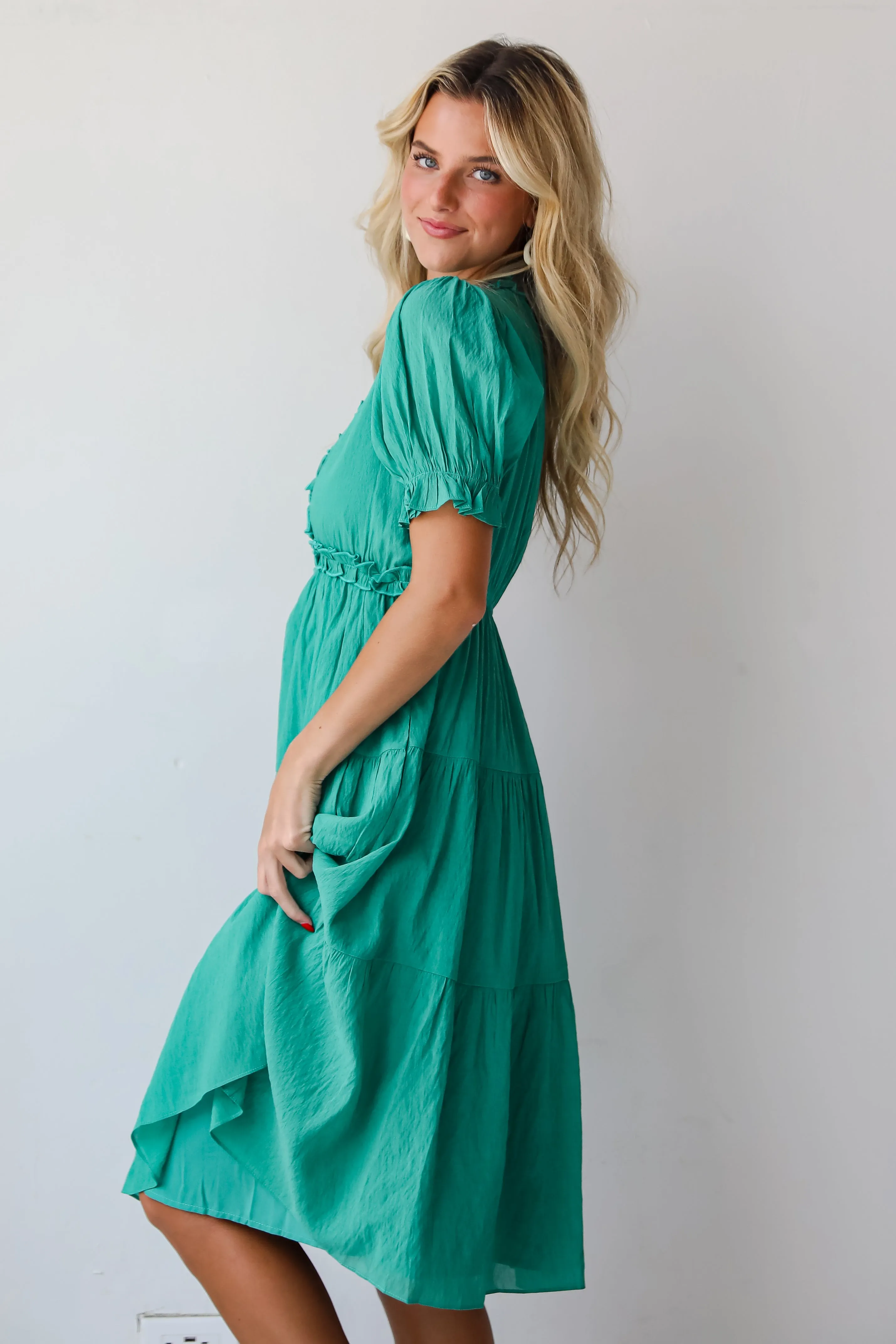 FINAL SALE - Exquisite Potential Green Tiered Midi Dress