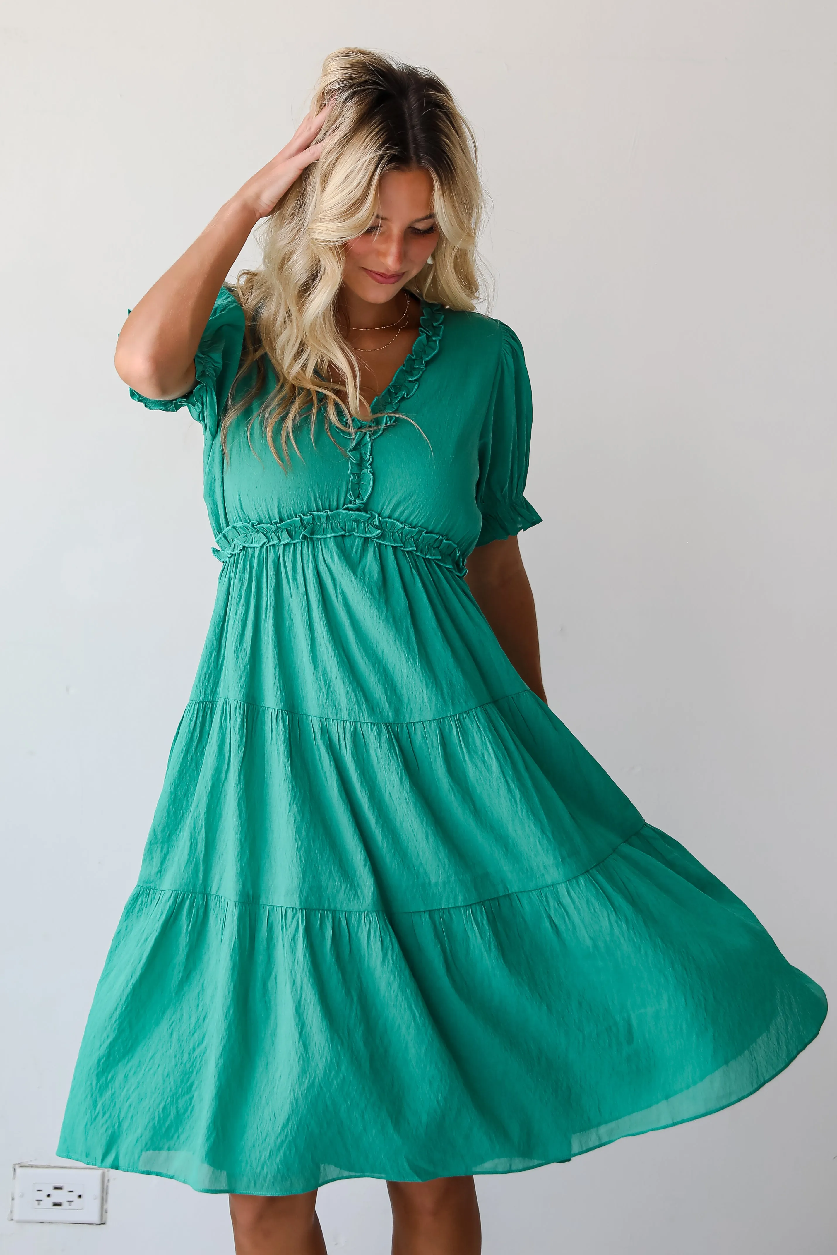 FINAL SALE - Exquisite Potential Green Tiered Midi Dress