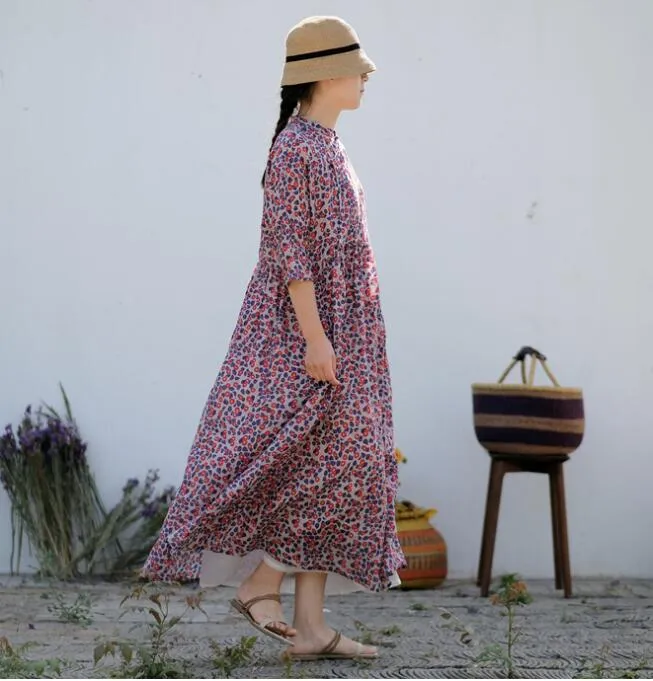 Floral  Linen Long Sleeve Loose Dress Women Dress SJP9201229