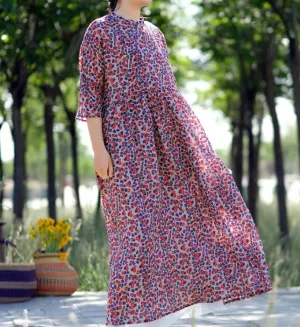 Floral  Linen Long Sleeve Loose Dress Women Dress SJP9201229