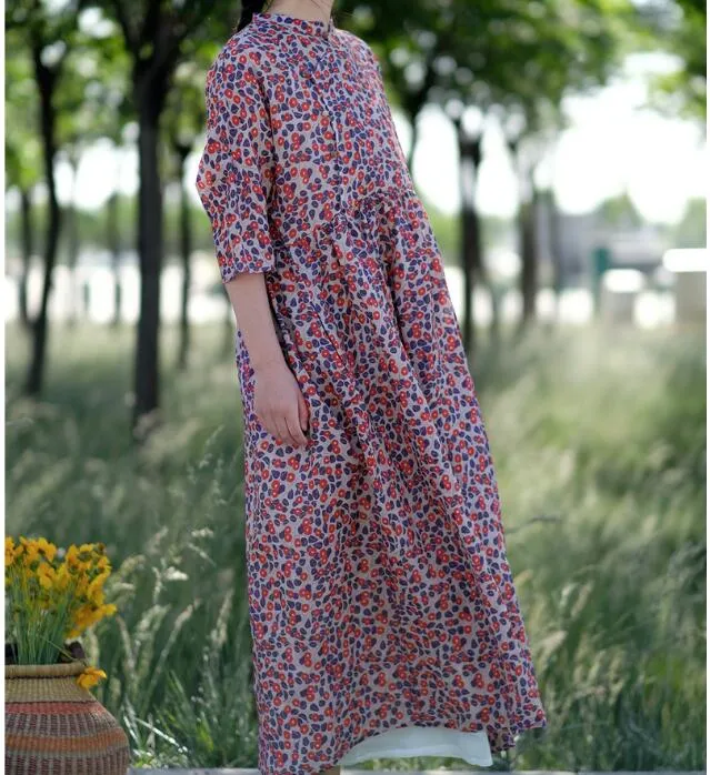 Floral  Linen Long Sleeve Loose Dress Women Dress SJP9201229