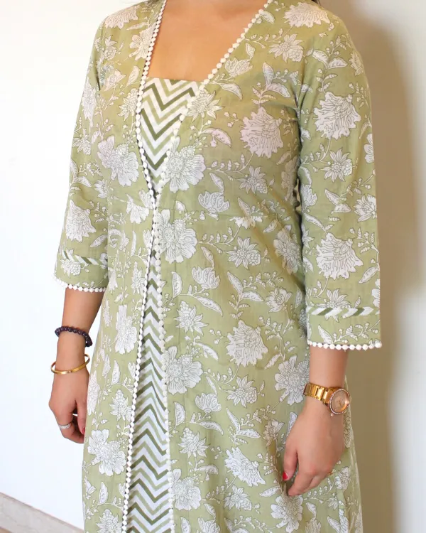 Floral Printed Aline Kurta In Olive For Women