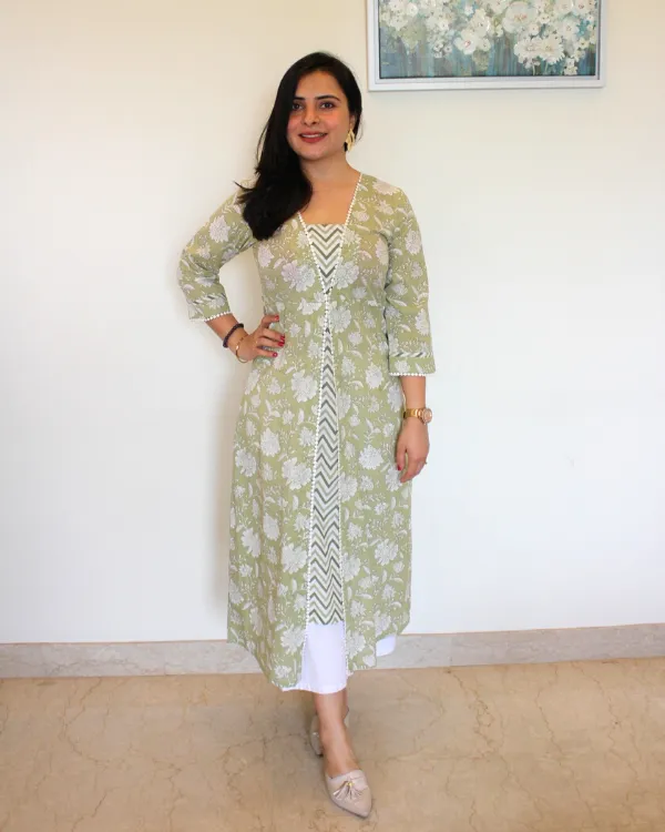 Floral Printed Aline Kurta In Olive For Women