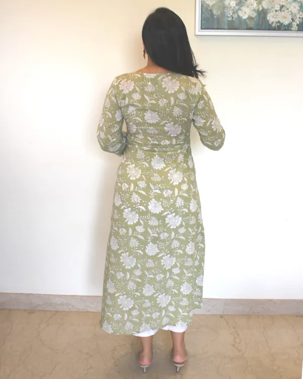 Floral Printed Aline Kurta In Olive For Women