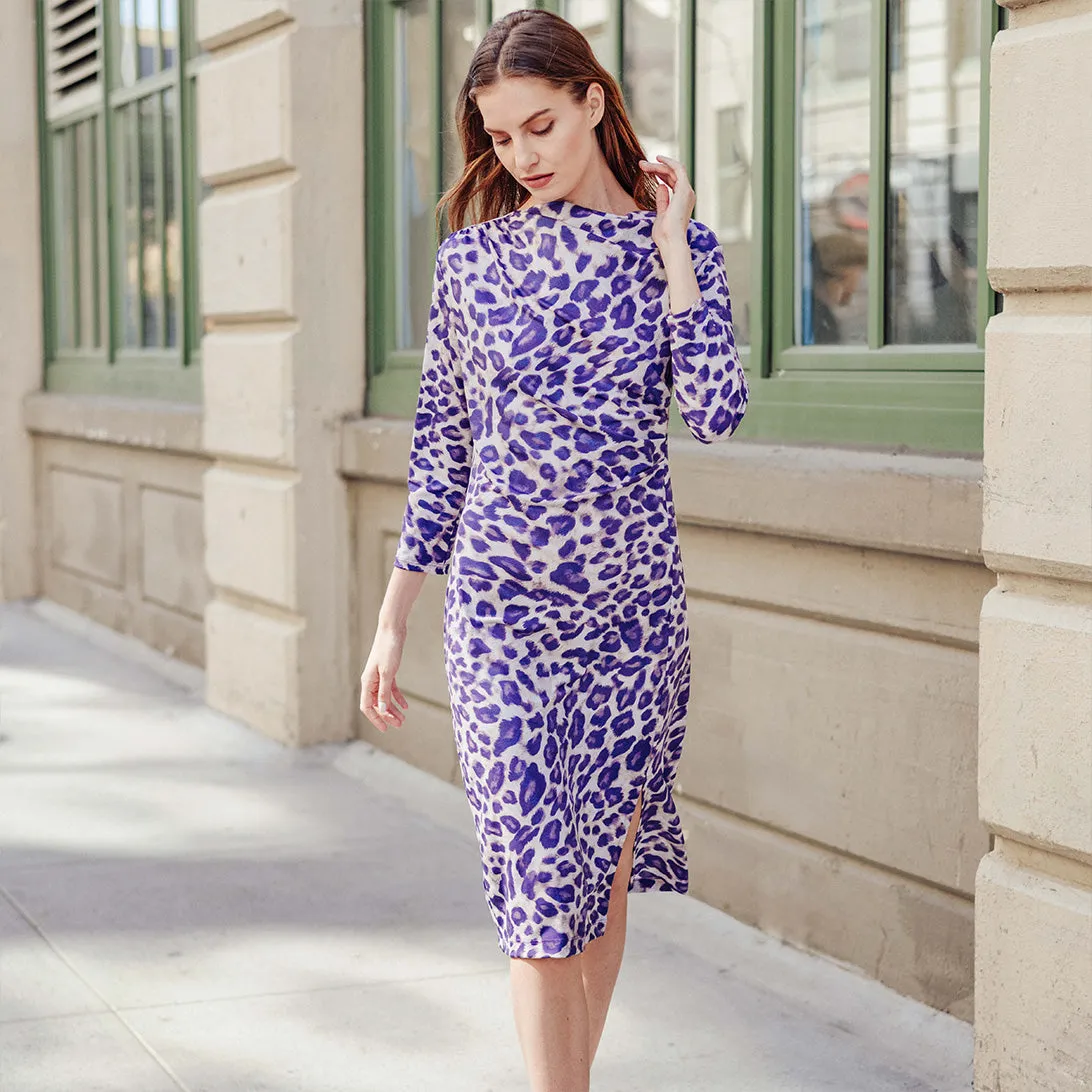 Foil Knit - Side Slit 3/4 Sleeve Midi Dress - Plum Cheetah