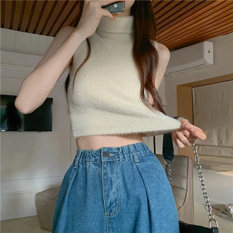 Girlary New Sleeveless Faux Mink Cashmere Sweater Women Autumn Winter New Basics Warm Turtleneck Y2K Knitted Tank Tops Feminina