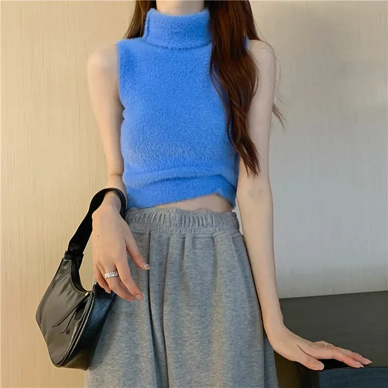 Girlary New Sleeveless Faux Mink Cashmere Sweater Women Autumn Winter New Basics Warm Turtleneck Y2K Knitted Tank Tops Feminina