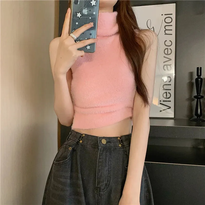 Girlary New Sleeveless Faux Mink Cashmere Sweater Women Autumn Winter New Basics Warm Turtleneck Y2K Knitted Tank Tops Feminina