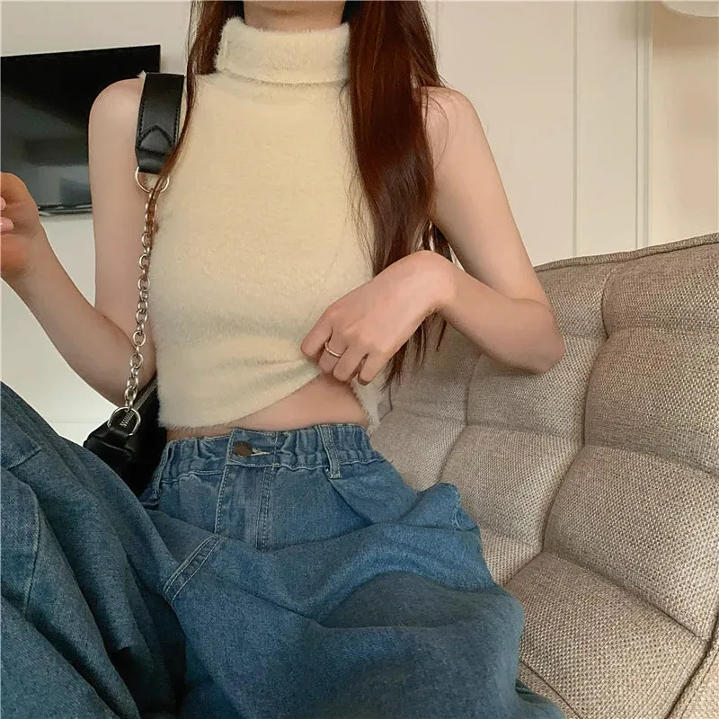 Girlary New Sleeveless Faux Mink Cashmere Sweater Women Autumn Winter New Basics Warm Turtleneck Y2K Knitted Tank Tops Feminina