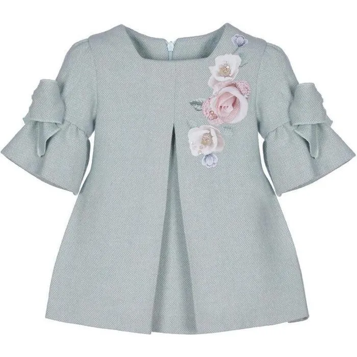 Girls Blue/Grey Frill Sleeve Dress