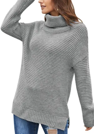 Grey Side Slit Turtleneck Textured Knit Sweater