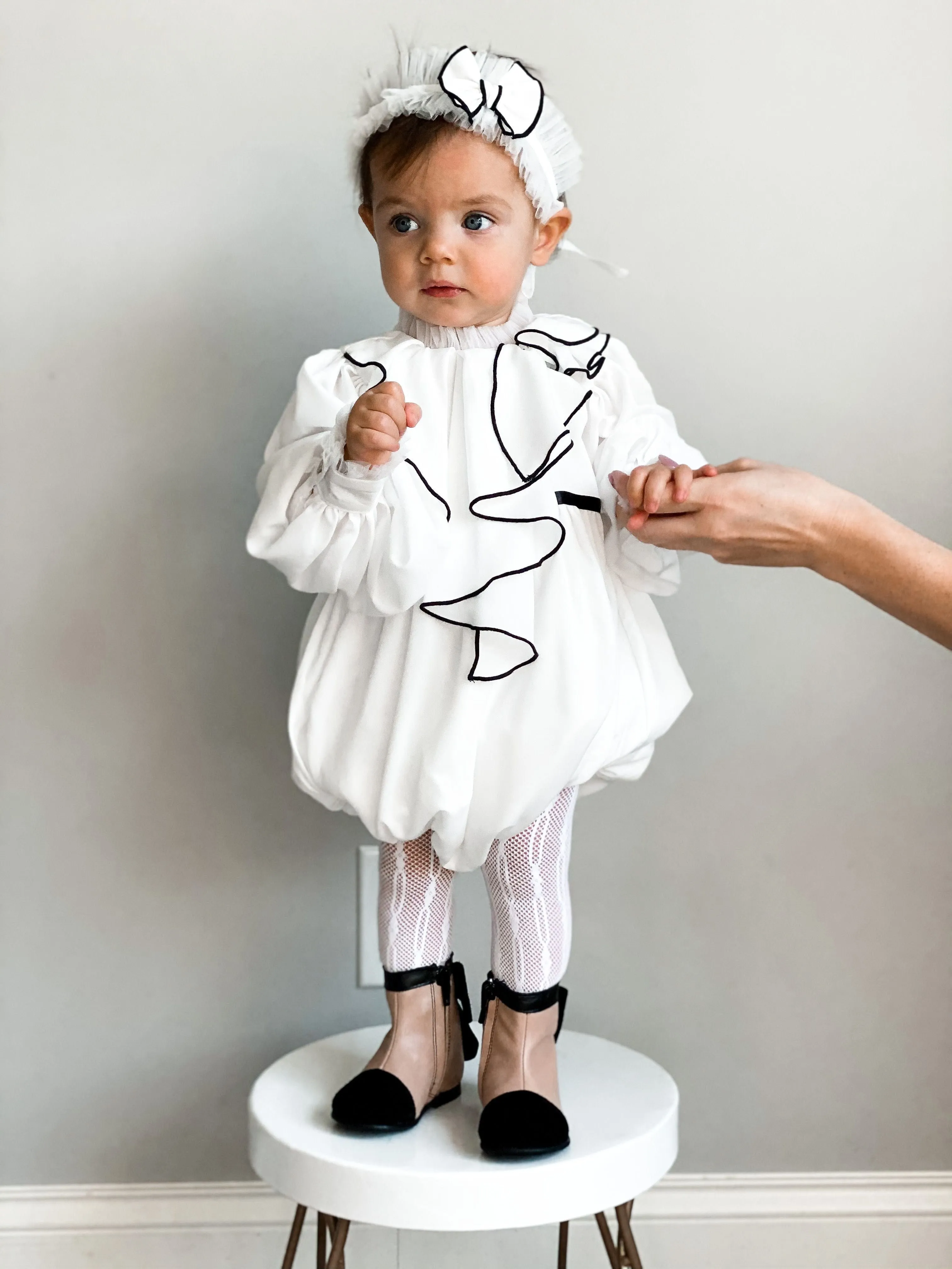 Gwen White Romper with Black Ruffle Trim