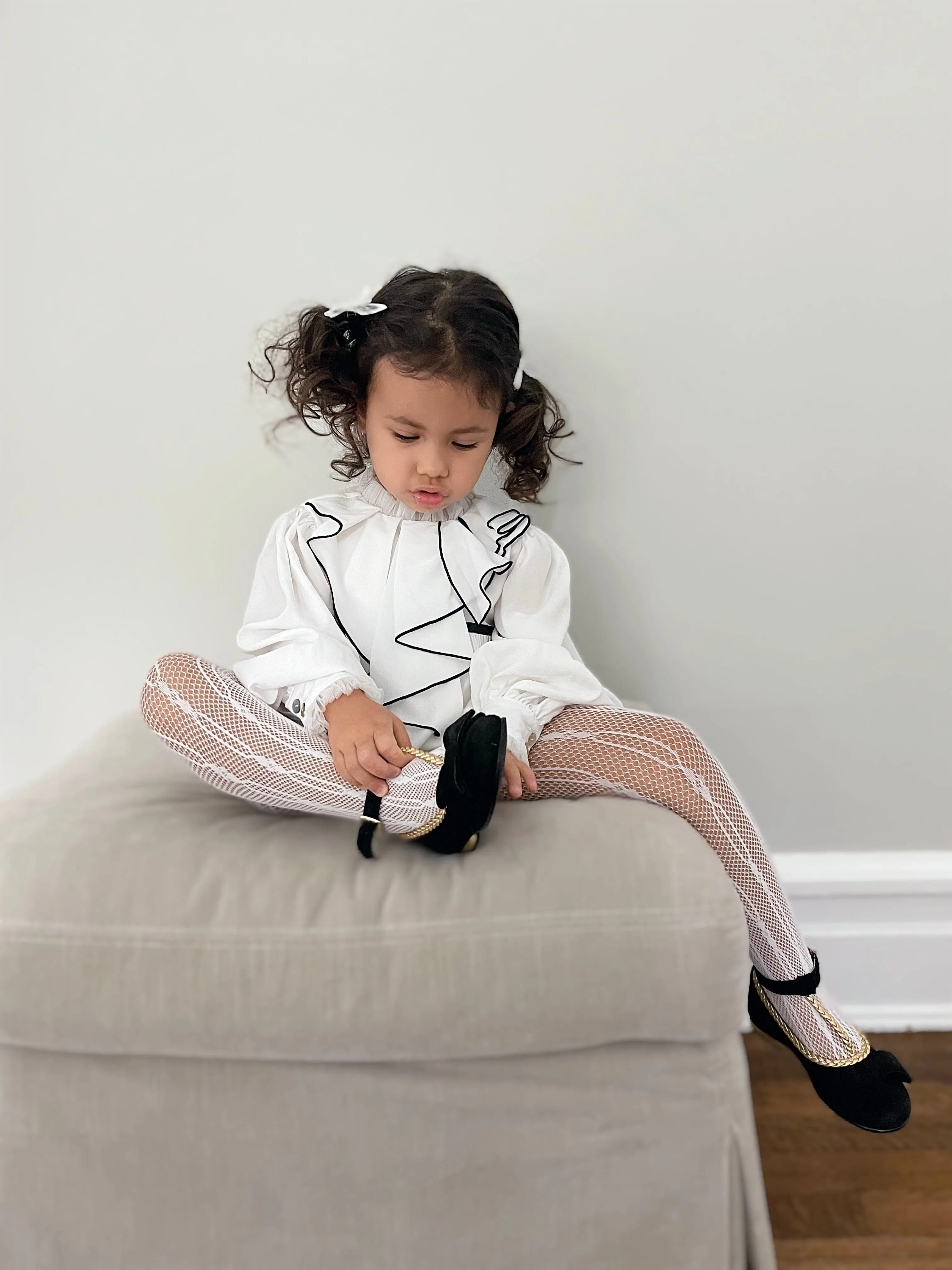 Gwen White Romper with Black Ruffle Trim