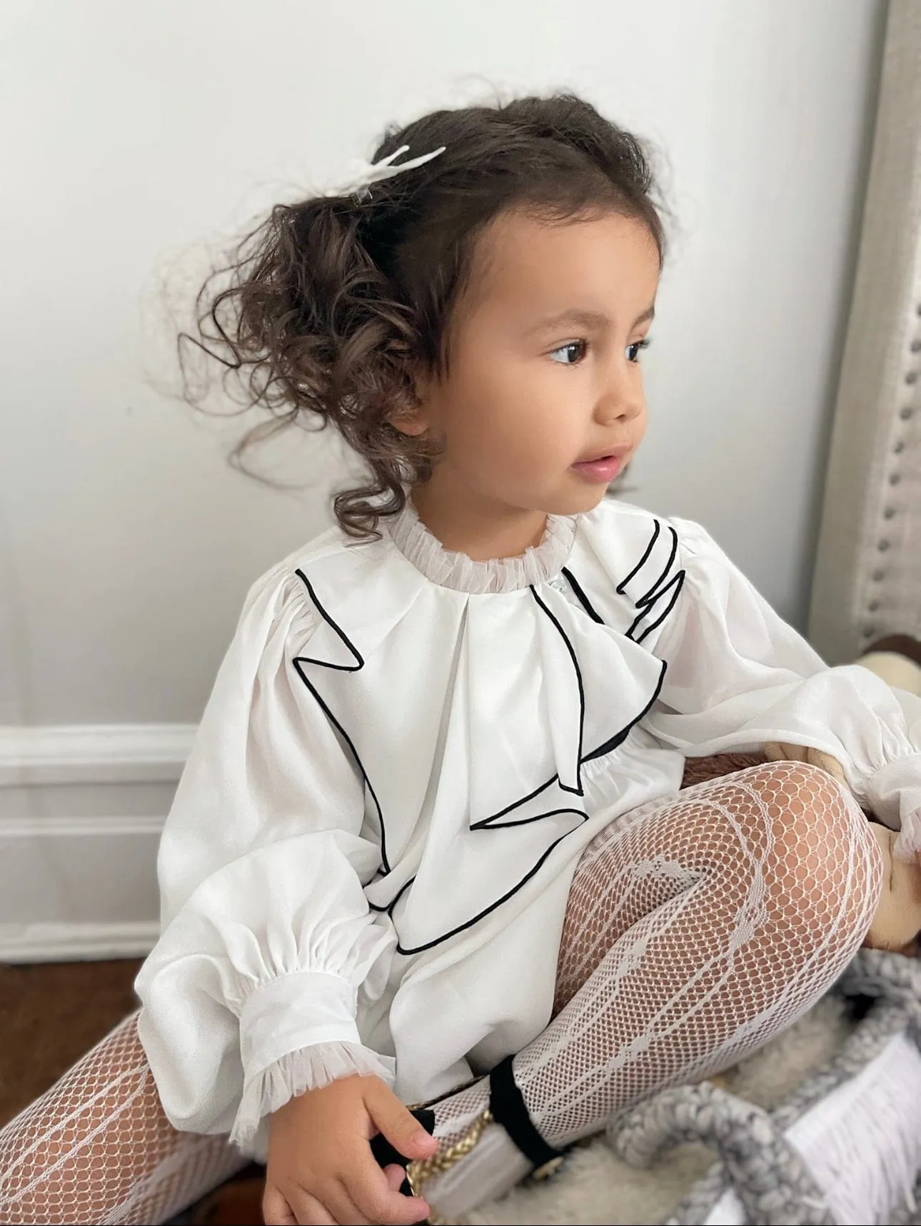 Gwen White Romper with Black Ruffle Trim