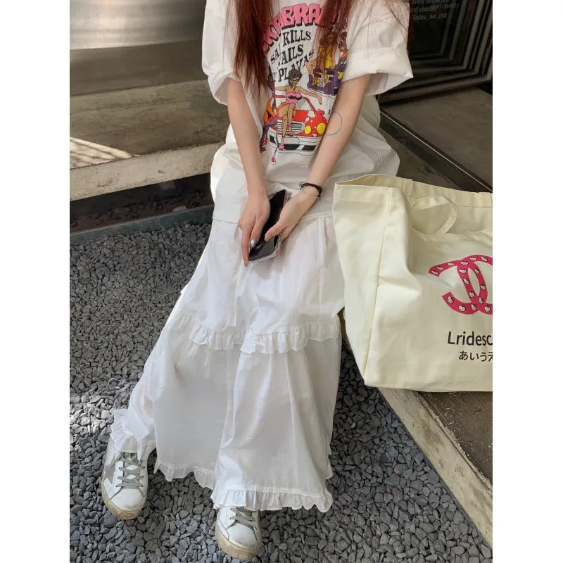 Hnzxzm curvy casual outfits 2024 Spring Sweet Elastic Waist Pleated Wooden Ear Layered Cake Skirt White Long Large Swing Skirt