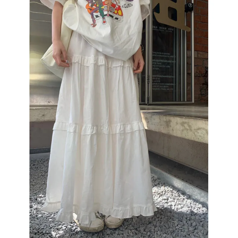 Hnzxzm curvy casual outfits 2024 Spring Sweet Elastic Waist Pleated Wooden Ear Layered Cake Skirt White Long Large Swing Skirt