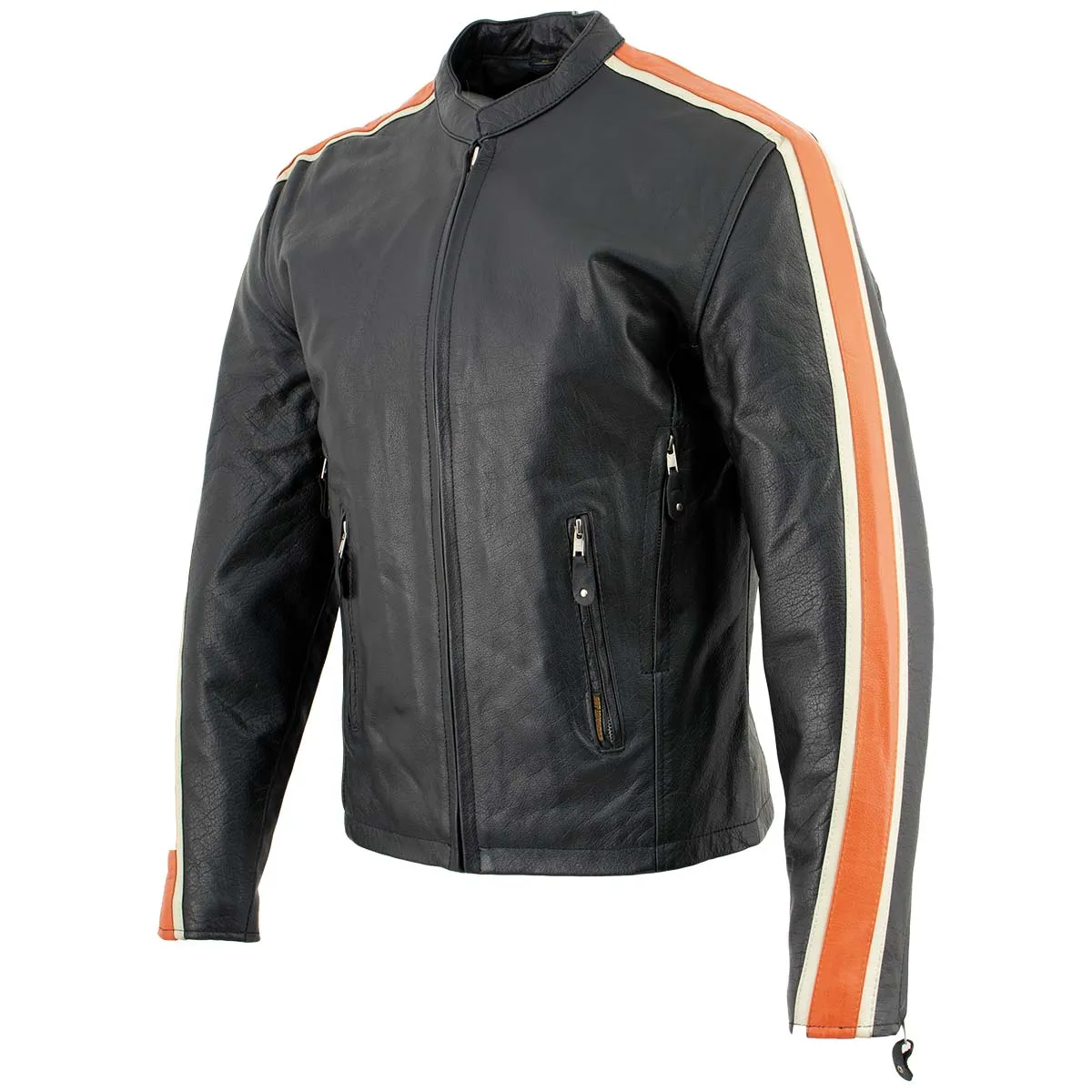 Hot Leathers XSM1007 Men's Black Motorcycle Jacket with Orange and Cream Stripes