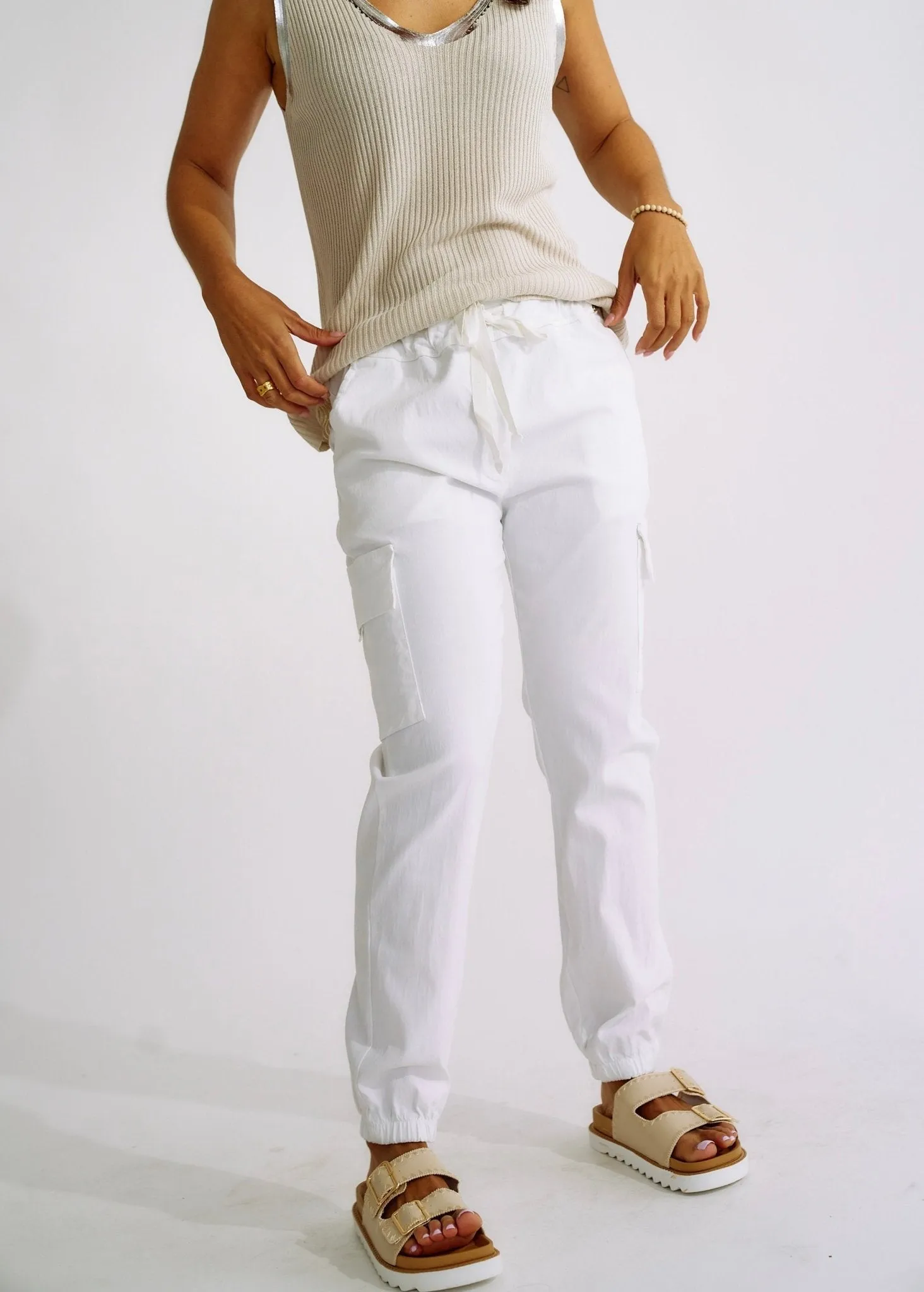 Italian Cargo Joggers in Ice White