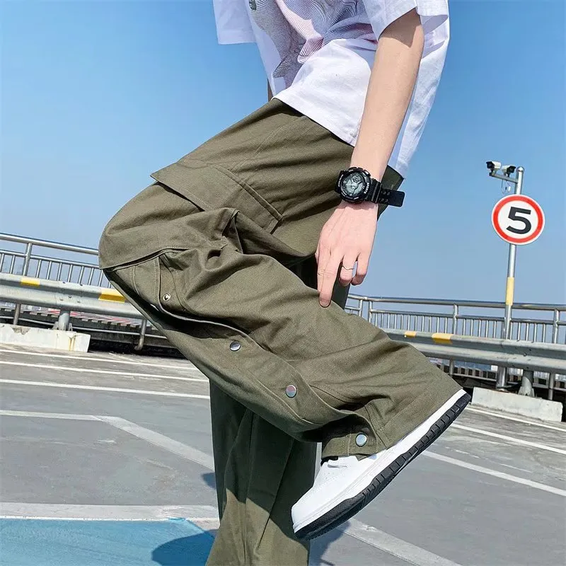 Jinquedai New Men Cotton Cargo Pants Harajuku Style Straight Casual Pants for Men  Solid Big Pockets Loose Wide Leg Design Trousers