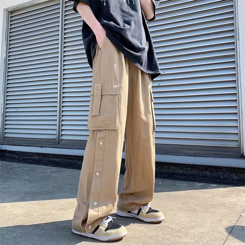 Jinquedai New Men Cotton Cargo Pants Harajuku Style Straight Casual Pants for Men  Solid Big Pockets Loose Wide Leg Design Trousers