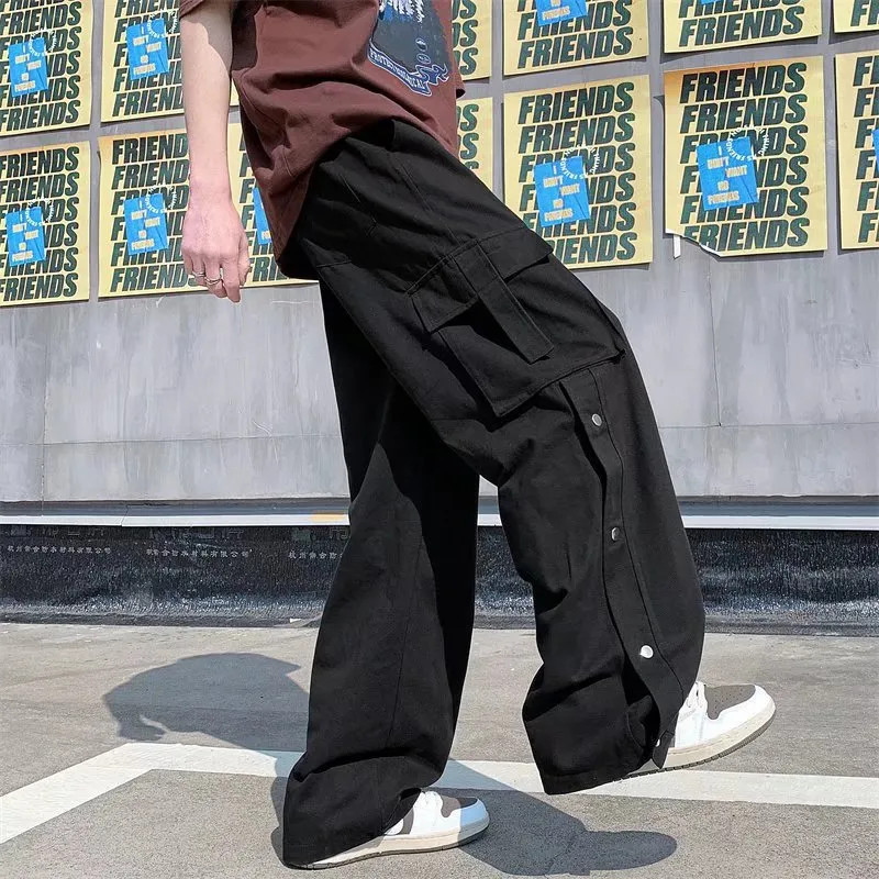 Jinquedai New Men Cotton Cargo Pants Harajuku Style Straight Casual Pants for Men  Solid Big Pockets Loose Wide Leg Design Trousers