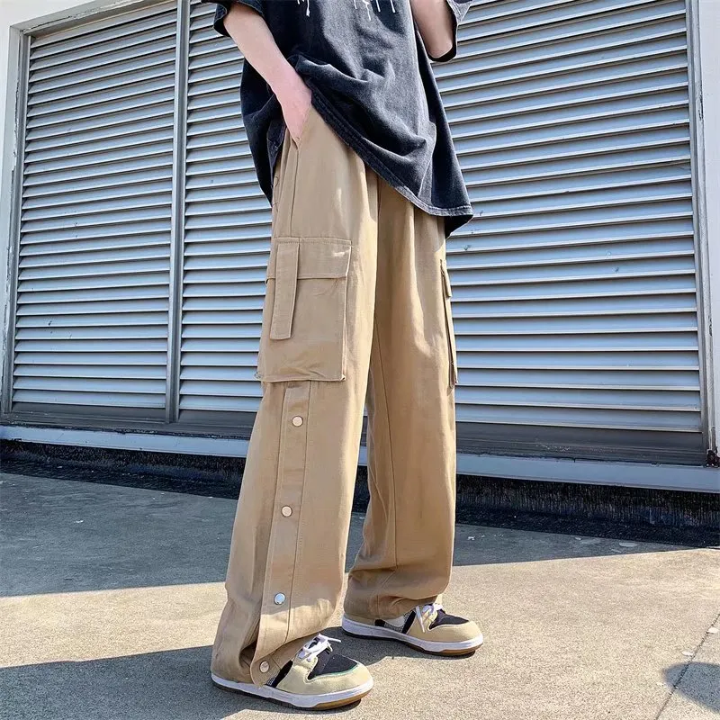 Jinquedai New Men Cotton Cargo Pants Harajuku Style Straight Casual Pants for Men  Solid Big Pockets Loose Wide Leg Design Trousers