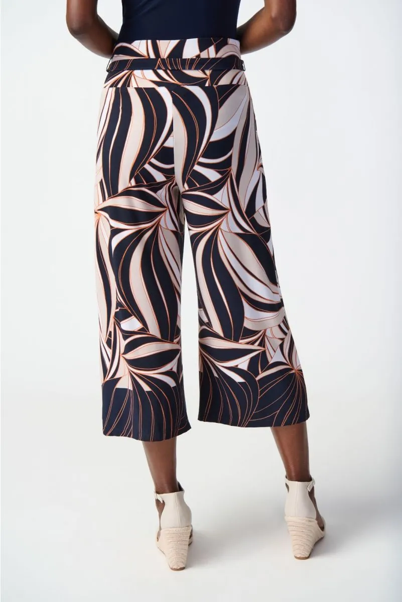 Joseph Ribkoff Midnight Blue/Multi Tropical Print Belted High-Waist Culotte Pants 241150