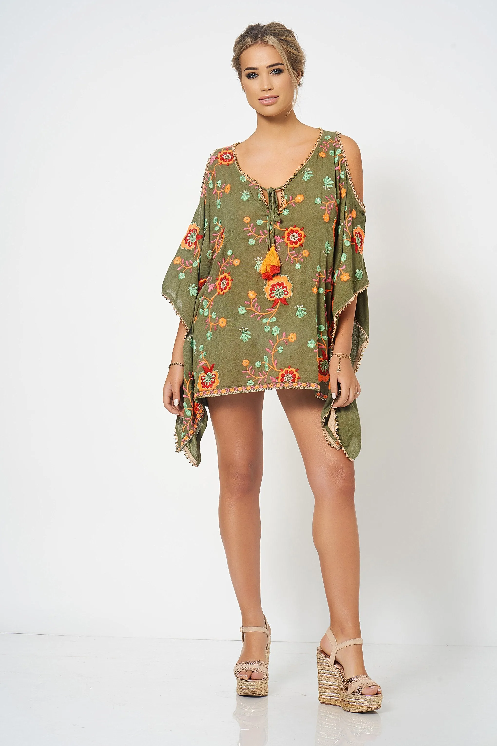 Khaki Embroidery Cold Shoulder Kaftan