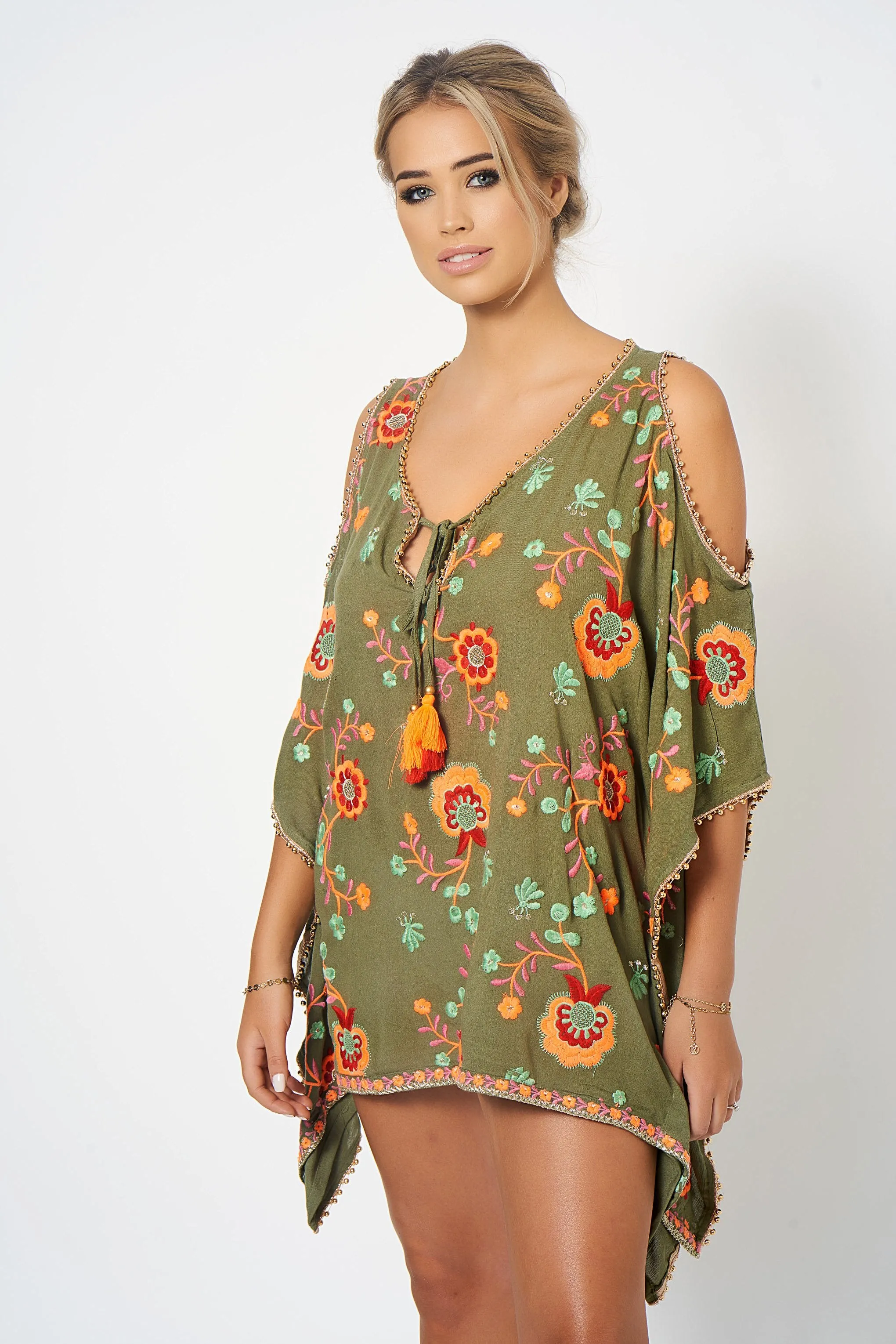 Khaki Embroidery Cold Shoulder Kaftan