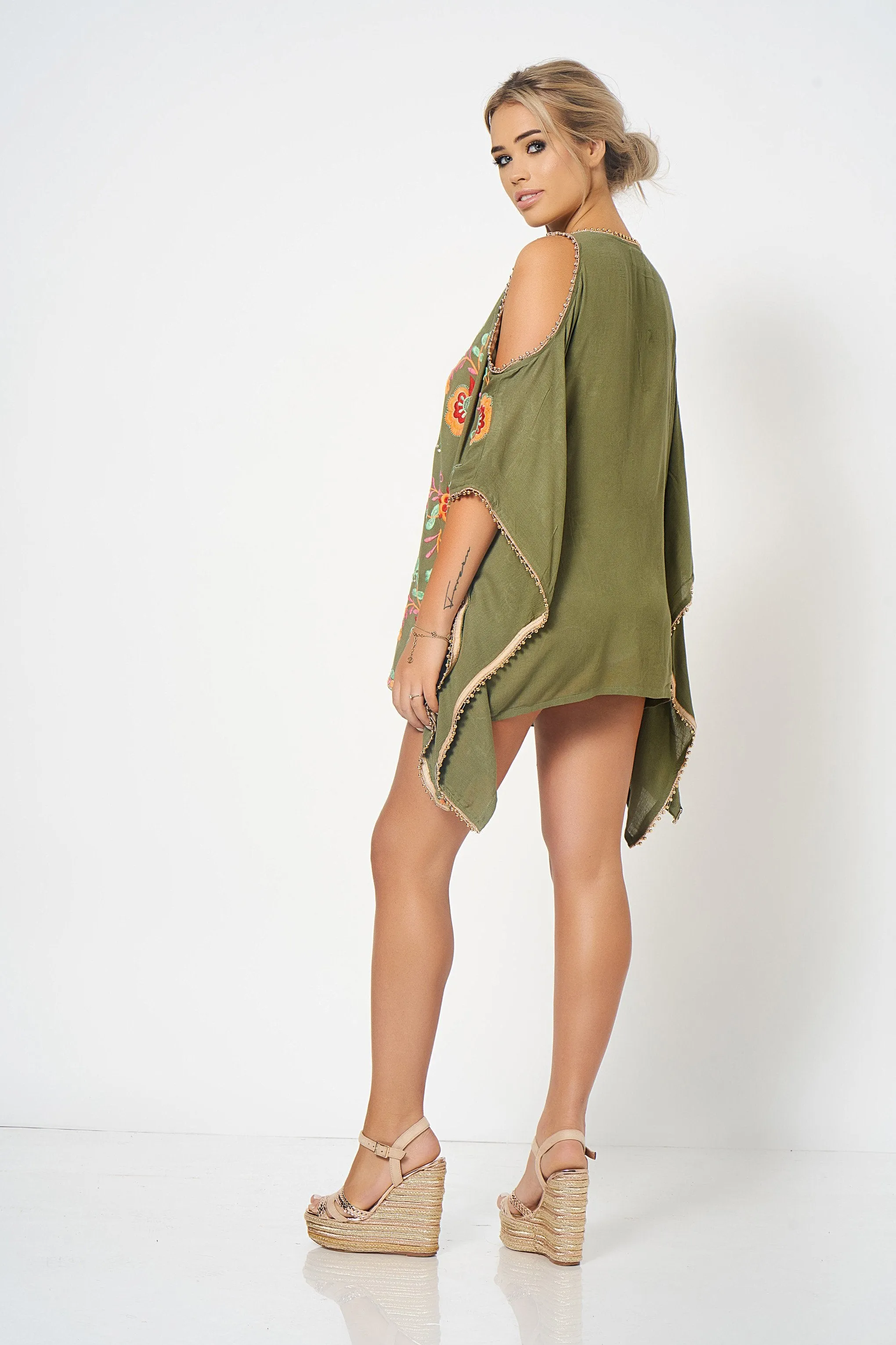 Khaki Embroidery Cold Shoulder Kaftan