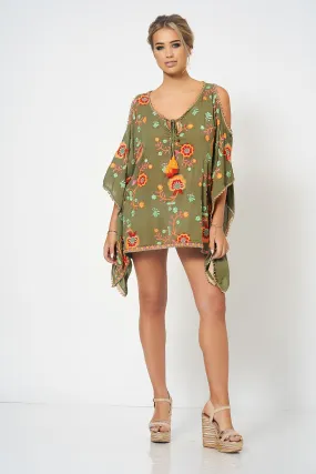 Khaki Embroidery Cold Shoulder Kaftan