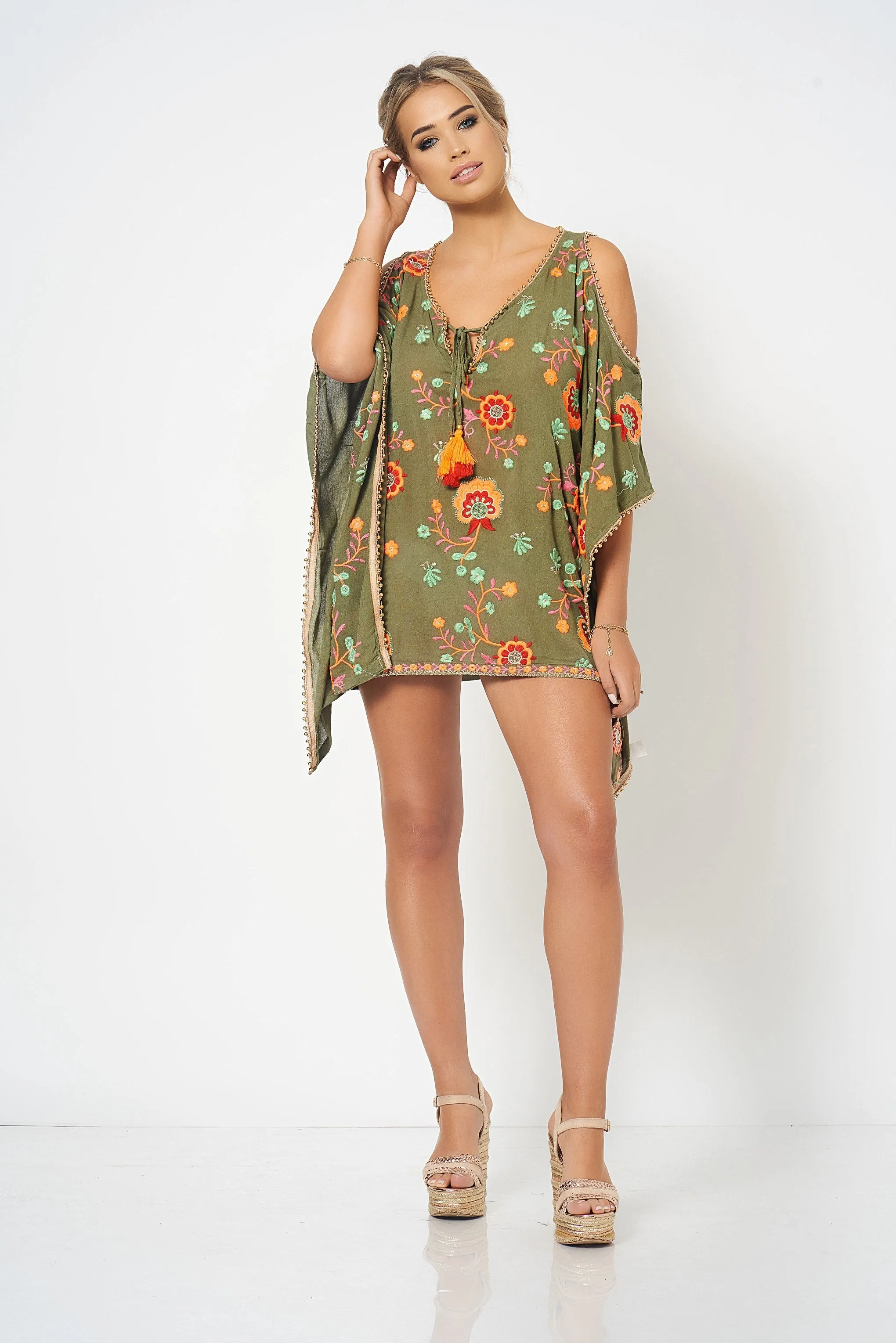 Khaki Embroidery Cold Shoulder Kaftan