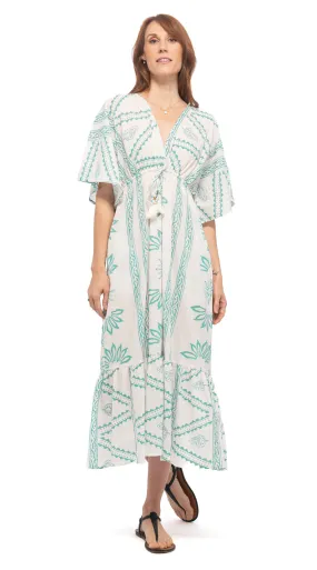 Kimono Dress  - white turquoise lotus - cotton