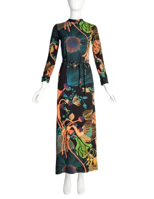 Lanvin Vintage 1970s Psychedelic Floral Jersey Maxi Column Dress