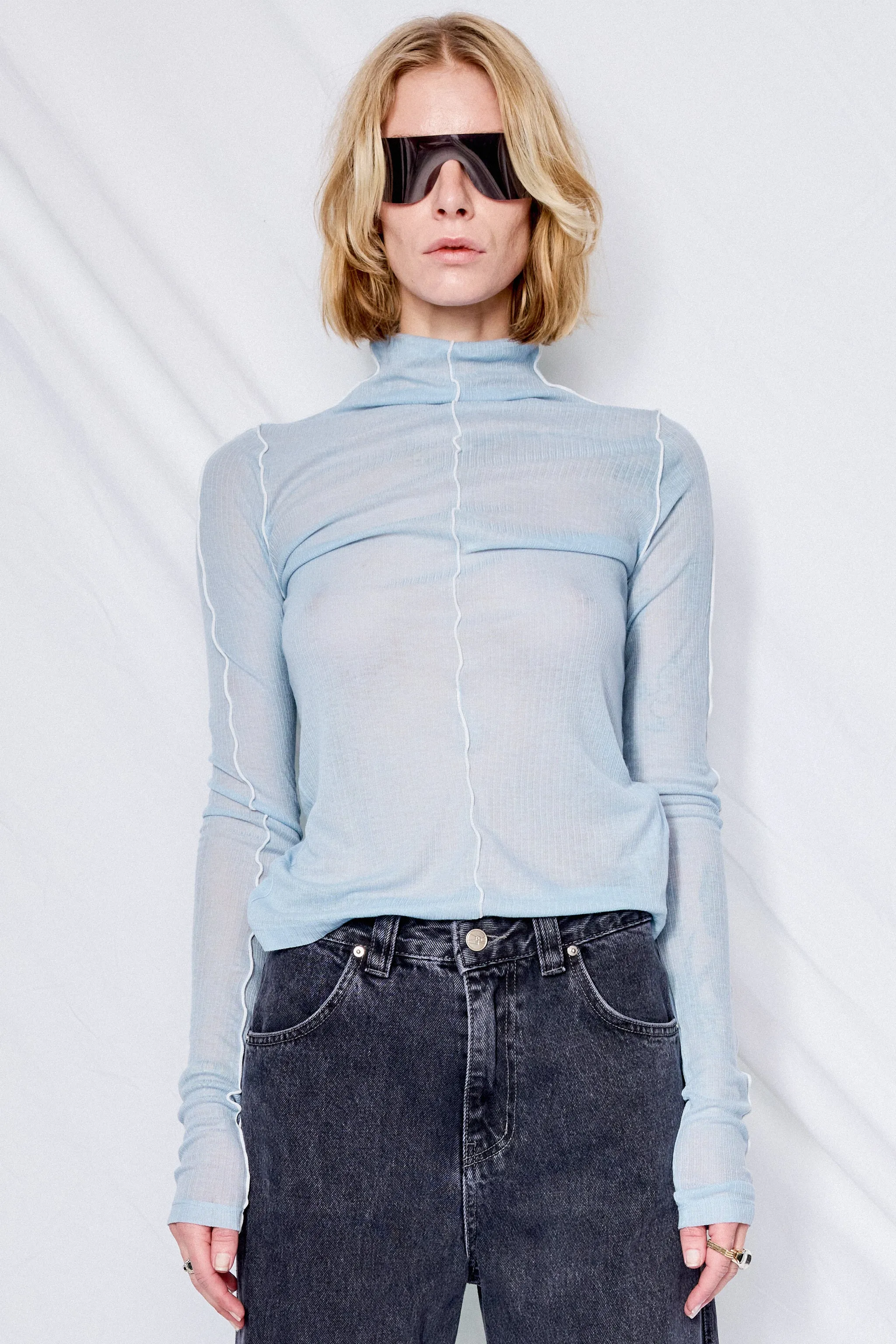 Light Blue Wool Contrast Stitch Top