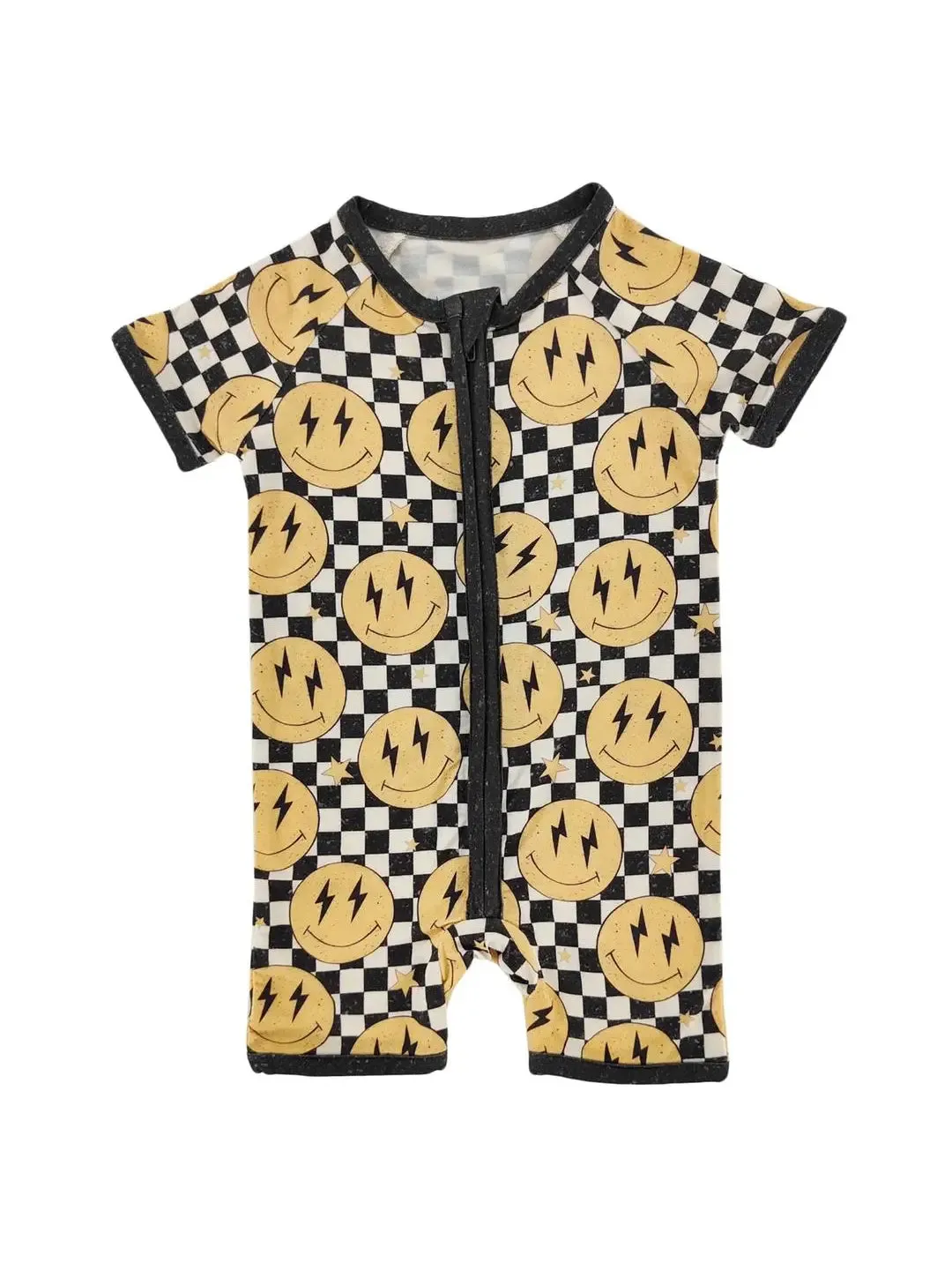 Lightning Checkered Smiley Bamboo Short Romper