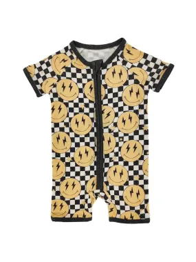 Lightning Checkered Smiley Bamboo Short Romper