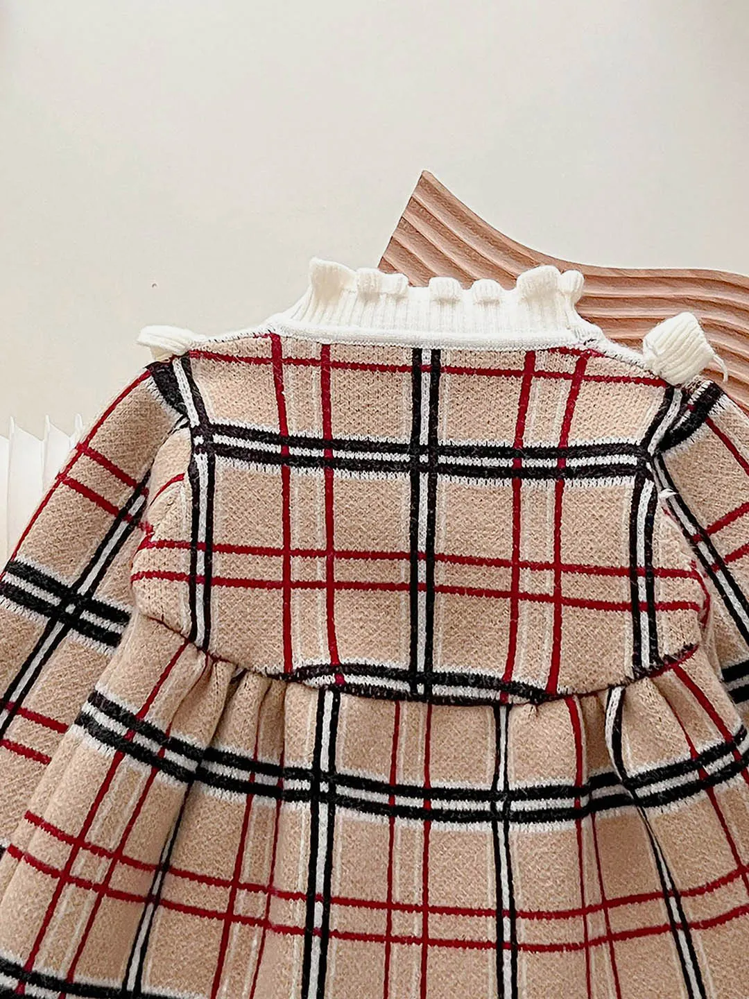 Little Surprise Box Beige sailor Checkered Knitted Frock Winterwear for girls -2-3Y