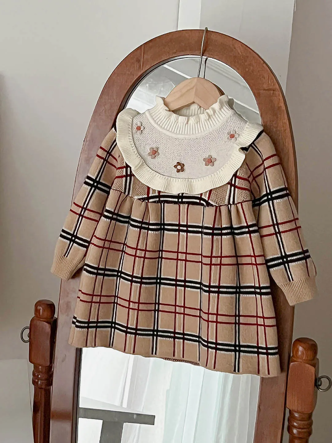 Little Surprise Box Beige sailor Checkered Knitted Frock Winterwear for girls -2-3Y