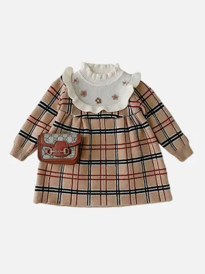 Little Surprise Box Beige sailor Checkered Knitted Frock Winterwear for girls -2-3Y