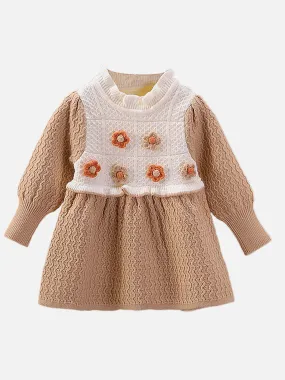 Little Surprise Box Brown & Cream Front floral Jacket patterned Knitted Frock Winterwear for girls -2-3Y