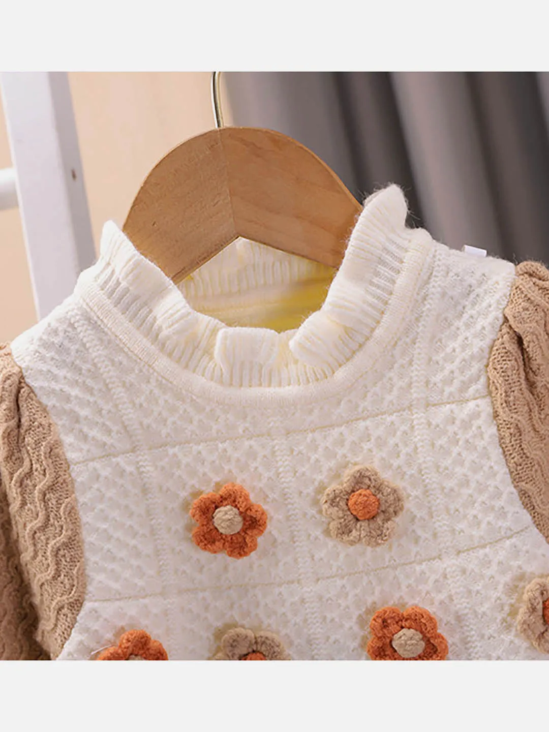 Little Surprise Box Brown & Cream Front floral Jacket patterned Knitted Frock Winterwear for girls -2-3Y