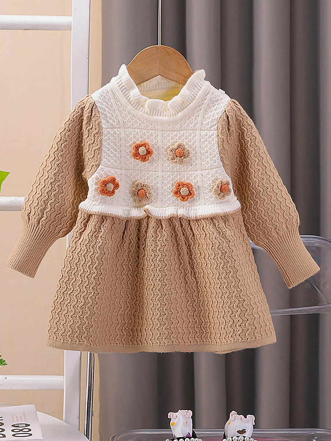 Little Surprise Box Brown & Cream Front floral Jacket patterned Knitted Frock Winterwear for girls -2-3Y