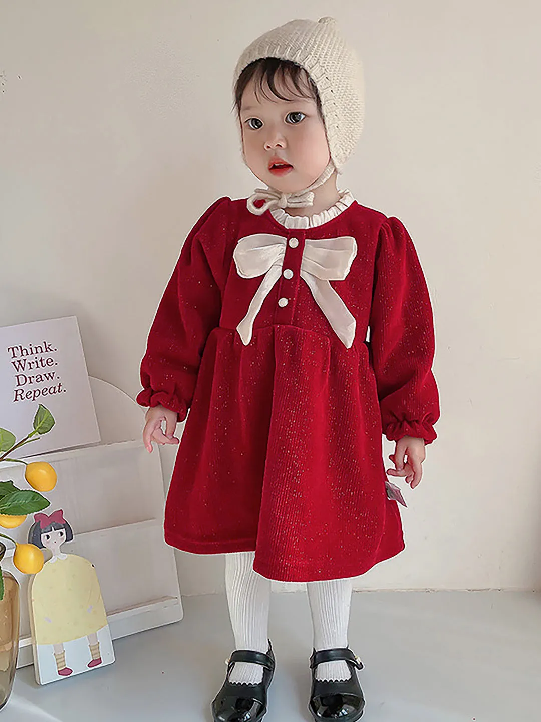 Little Surprise Box Maroon & Cream Big Bow Ruffled neck Knitted Frock Winterwear for girls