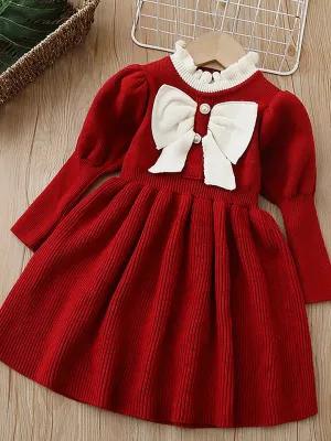 Little Surprise Box Maroon & Cream Big Bow Ruffled neck Knitted Frock Winterwear for girls