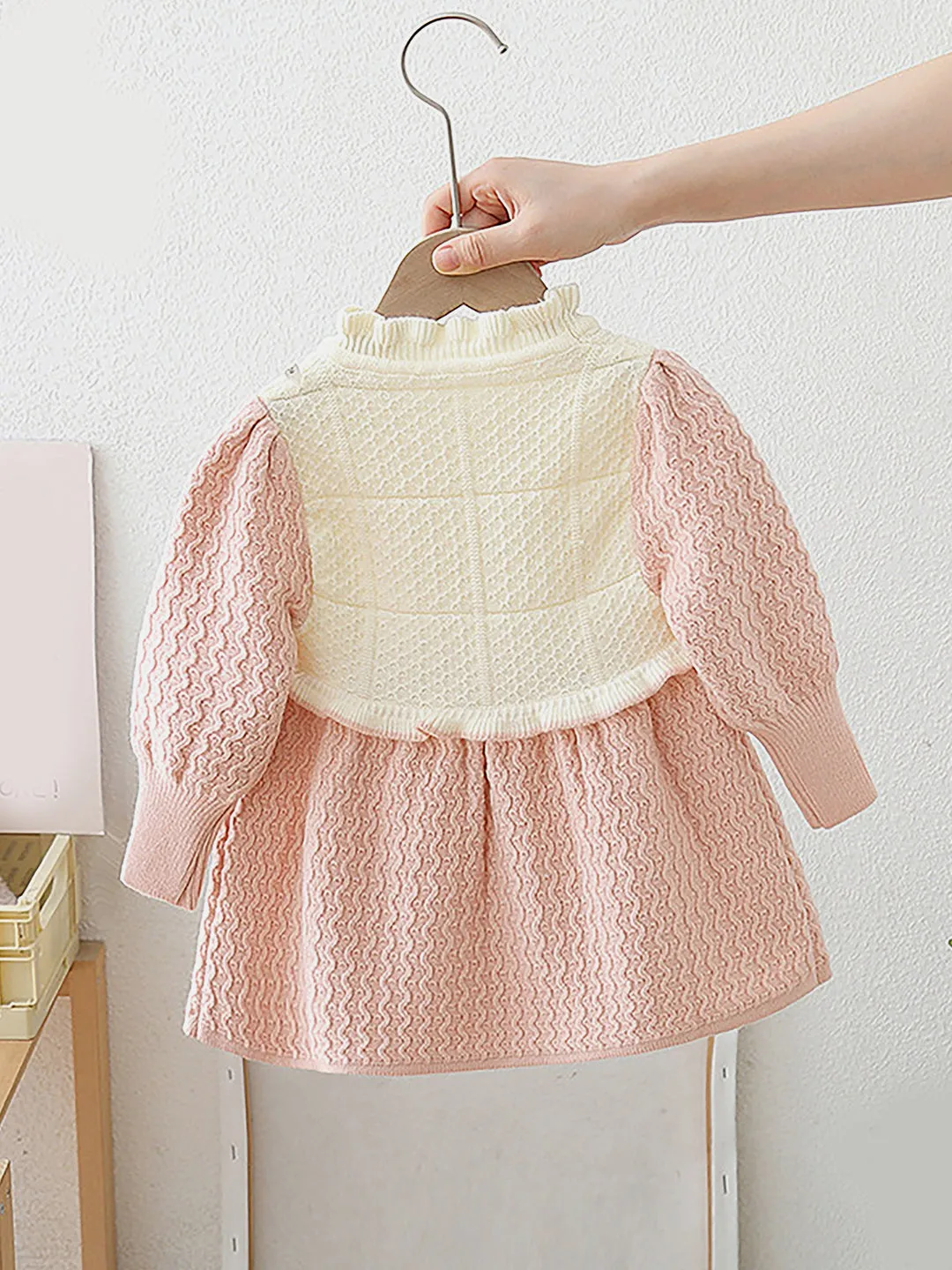 Little Surprise Box Pink & Cream Front floral Jacket patterned Knitted Frock Winterwear for girls