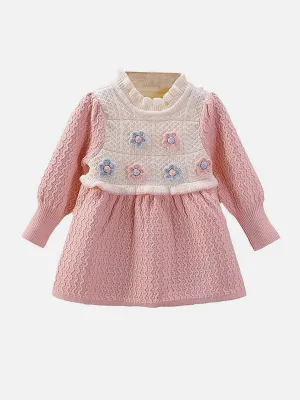 Little Surprise Box Pink & Cream Front floral Jacket patterned Knitted Frock Winterwear for girls