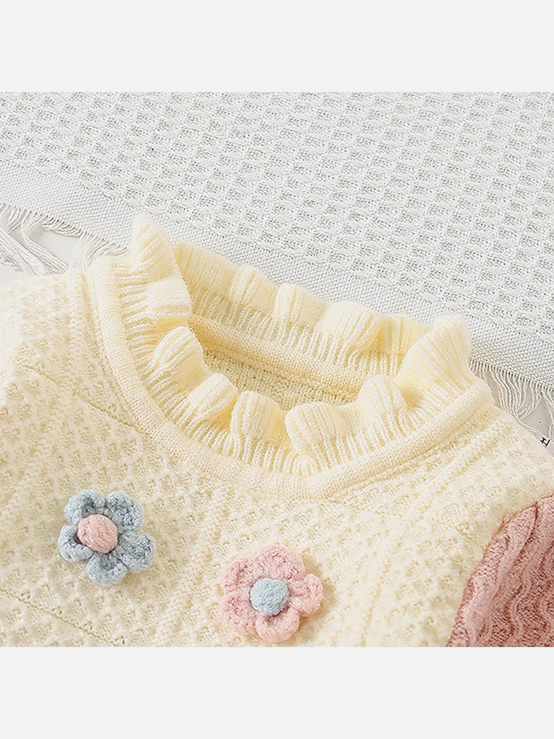 Little Surprise Box Pink & Cream Front floral Jacket patterned Knitted Frock Winterwear for girls