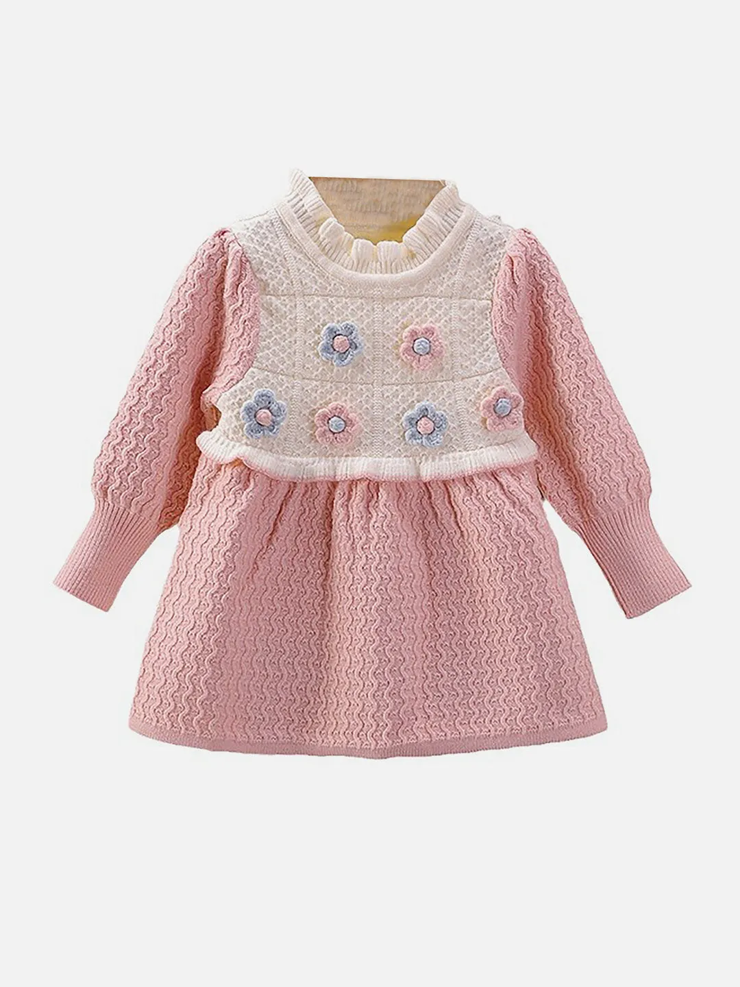 Little Surprise Box Pink & Cream Front floral Jacket patterned Knitted Frock Winterwear for girls